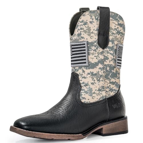 WINBIRD Cowboy Boots For Men - Square Toe Western Mens Slip on Patriot Boots with National Flag Patch, Slip Resistant Classic Pull On Short Country Chunky Heel Boot L97-SG/BK-PU-10 - Image 1