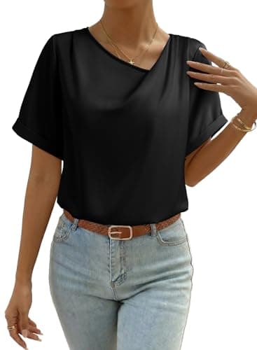 Dokotoo Going Out Tops for Women Summer Short Sleeve Business Casual Dressy Shirts 2026 Asymmetrical Neck Spring Work Office Outfits Fashion Trendy Ladies Womens Clothes Black - Image 1