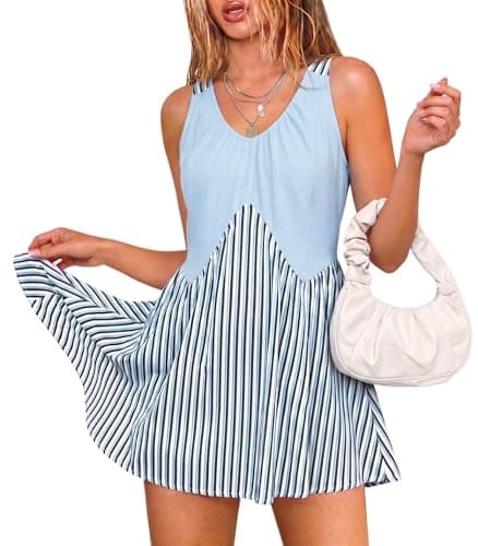 Angashion Summer Dress for Women Sleeveless V Neck Mini Dresses Flowy Casual Loose Sundress with Pockets Blue X-Large - Image 1