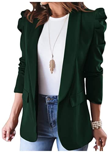 KIRUNDO Women's 2026 Spring Fall Casual Blazers Puff Sleeve Lapel Open Front Work Suit Office Blazer Jackets with Pockets(Dark Green, Large) - Image 1