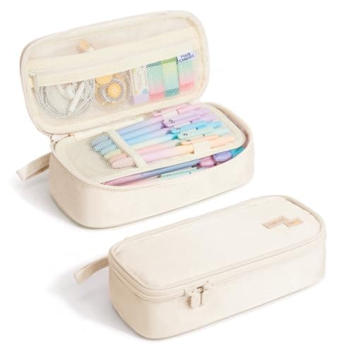 Four Candies Large Pencil Case, 5 Compartments Pen Organizer, Big Capacity Canvas Pencil Pouch Bag for School Supplies, Portable Stationery Holder for Teen Girls, Women (White)
