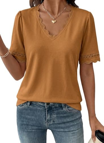 Dokotoo Women's Summer Dressy Casual Top Short Puffy Sleeves Eyelet Lace Embroidered Tops Shirts V Neck Tshirt Lightweight Oversized Tunic Tops Fashion Resort Wear Brown Medium - Image 1
