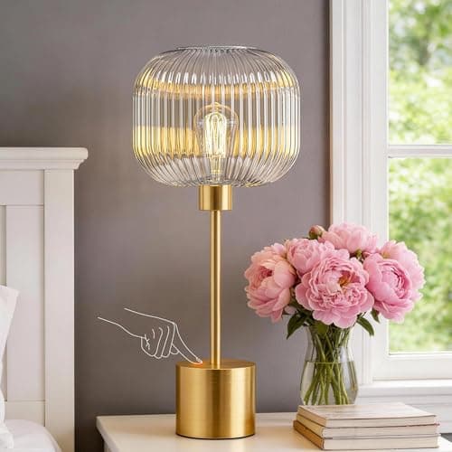QiMH Glass Table Lamp for Living Room, Modern Bedside Lamp with Clear Ribbed Glass Shade, 3-Way Dimmable Touch Control Nightstand Lamp for Bedroom, Brushed Gold (2700K LED Bulb Included) - Image 1
