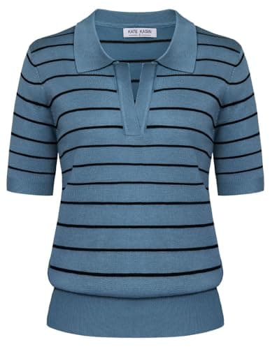 Kate Kasin Women Summer Striped Knitted Polo Sweaters Tops Short Sleeve Shirt Casual Pullover Sweater Dusty Blue Black M - Image 1