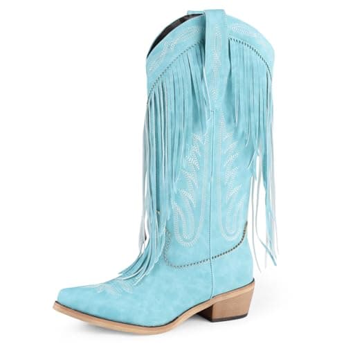 FancyQueen Cowboy Boots for Women Mid Calf Embroidered Cowgirl Boots Western Chunky Heel Pointed Toe country boots for women Pull On - Image 1
