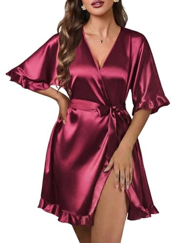 Ekouaer Silk Robes for Women Short Lightweight Bathrobe Ruffled Satin Kimono Robes Sexy Bride Bridesmaid Sleepwear Wine Red L - Image 1