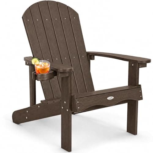 Y&M Adirondack Chair, Dark Brown Fire Pit Chairs, Outdoor Patio Chairs with Cup Holder, Weather Resistant HDPE Wooden Textured Patio Chairs, Perfect for Garden, Lawn, Deck, or Poolside - Image 1