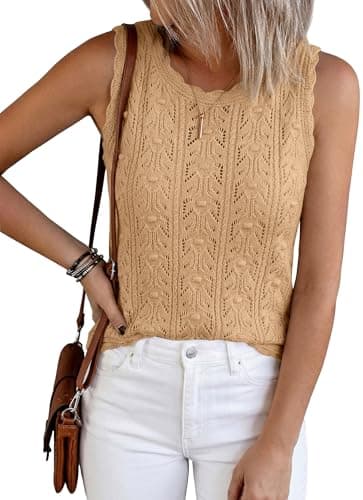 BTFBM Crochet Tank Tops for Women Hollow Out Sleeveless Loose Sweater Vest Top Summer Spring 2026 Beach Vacation Clothes(Khaki, X-Large) - Image 1