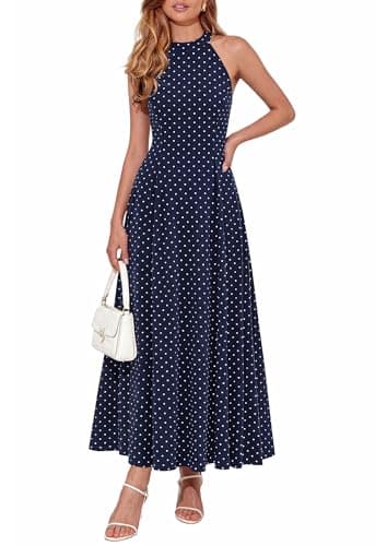 PRETTYGARDEN Summer Halter Dresses for Women 2026 Vacation Outfits Sleeveless Polka Dot Sundress Wedding Guest Maxi Dress(Dot Dark Blue White,Large) - Image 1