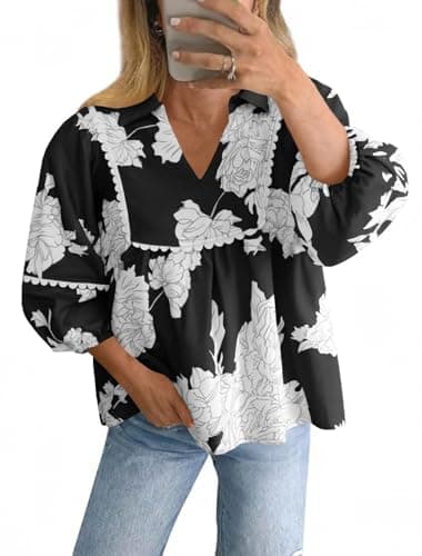 Tankaneo Womens Floral Peplum Babydoll Tops 3/4 Puff Sleeve Pleated Blouse Cute Casual V Neck Loose Fit Flowy Boho Shirts Black - Image 1