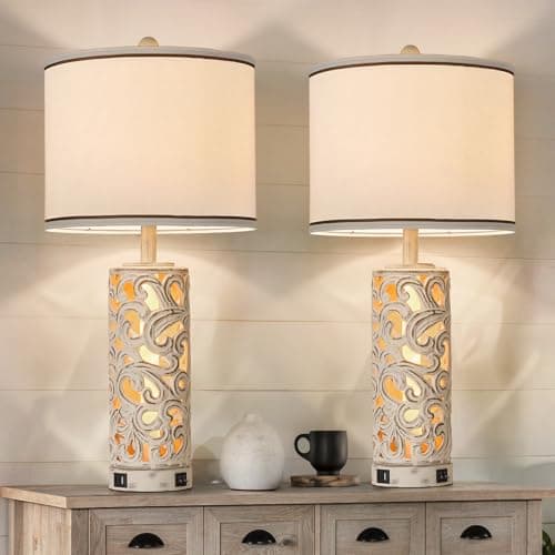 AIDENOEY Set of 2 Farmhouse Table Lamps with 2 USB Charging Ports, Vintage Carved Bedside Lamps with Smart Dimmable Bulbs, Rustic Nightstand Lamps for Bedroom Living Room Home Decor - Image 1