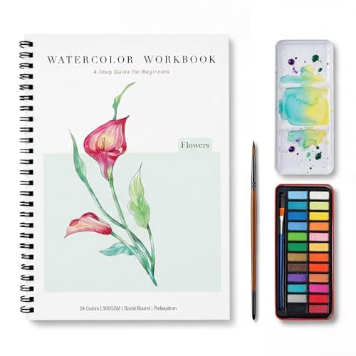 Rurolo Watercolor Workbook for Adults & Beginners - Spiral Bound Kit with 24 Paint Colors, Brushes & 300GSM Paper - Step-by-Step Flower Painting Guide for Stress Relief & Relaxation (6.5x9)