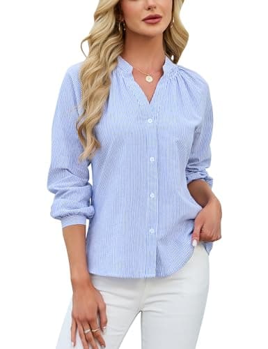 Blooming Jelly Womens Striped Button Down Shirt V Neck Long Sleeve Cotton Blouse Business Casual Ladies Trendy Summer 2026 Fashion Dressy Work Tops (Small, Cadet Blue) - Image 1