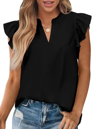 Zenlonr Womens Summer Tops 2026 Casual V Neck Ruffle Cap Sleeve Blouse Shirts Solid Color Tunic Tops(Black,Small) - Image 1