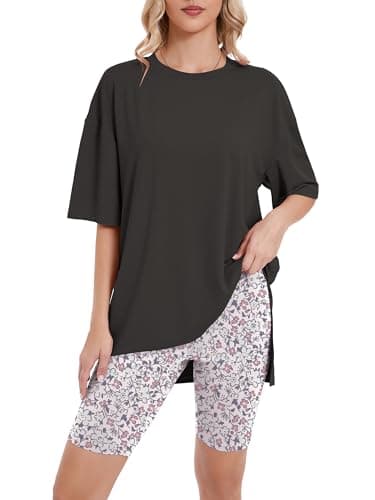 Heymoments Two Piece Summer Sets for Women Lounge Print Floral Small Oversized T-Shirt and Biker Shorts Pajama Set Soft Pajamas Set Breathable Sleepwear Comfy Nightwear Womens Pjs Set - Image 1