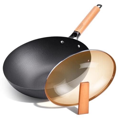 VIVIDCOOKWARE 12.6 Inch Carbon Steel Wok Pan with Lid, 4.8 Qt Flat Bottom Stir Fry Pan with Self-Standing Glass Lid, Coating-Free Wood Handle Wok for Induction, Gas, Electric & Ceramic Stovetops - Image 1