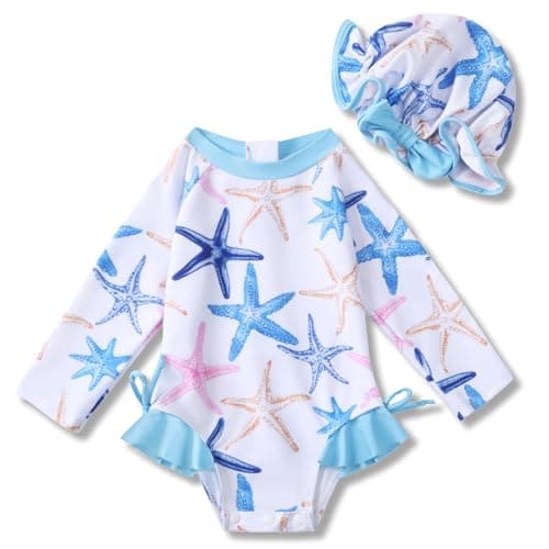 AMAWMW Infant Baby Girl Swimsuit Long Sleeve One-Piece Swimwear with Hat Rash Guard Floral Zipper Bathing Suit Beach Wear