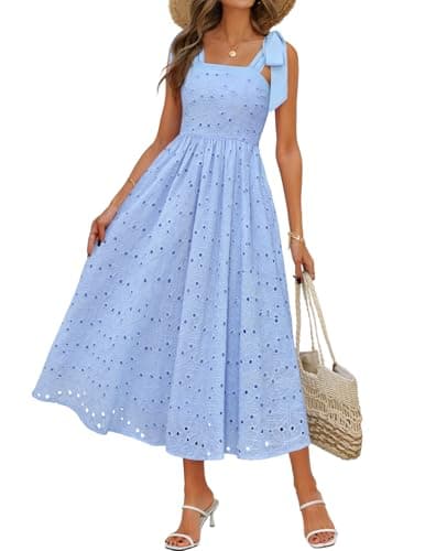 MEROKEETY Women's Summer Eyelet Square Neck Sundress 2026 Spring Sleeveless Flowy A Line Beach Vacation Long Maxi Dress, Blue, L - Image 1