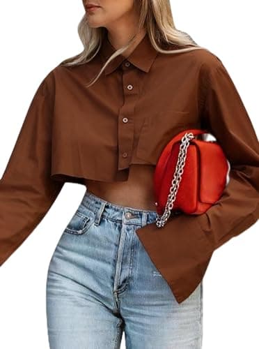 Morzq Button Down Shirts for Women Cropped Asymmetrical Long Sleeve Collared Tops Loose Fit Casual Shirts Brown S - Image 1