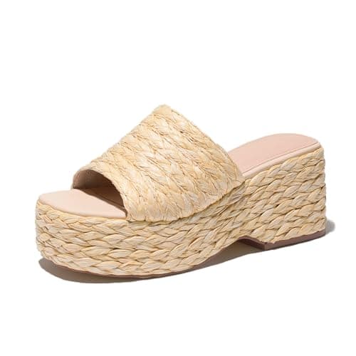 Ancomafio Platform Espadrille Sandals for Women,Raffia Sandals Platform Slip on Wedges Slides Bohemia Sandals Flatform Open Toe Beach Sandals Outdoor Size 6 Apricot - Image 1