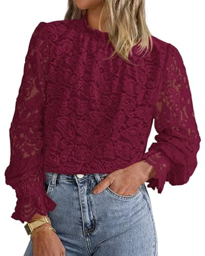 KIRUNDO Blouses for Women Dressy Casual Lace Long Sleeve Tops Mock Neck Ruffle Shirts 2026 Spring Fall Fashion Clothing(Burgundy, Small) - Image 1
