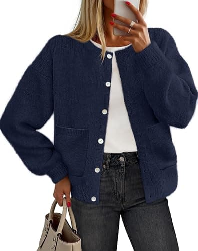 MEROKEETY Women's Long Sleeve Knit Cardigan Sweaters 2025 Fall Crewneck Button Open Front Jackets with Pockets, Navy, Medium - Image 1