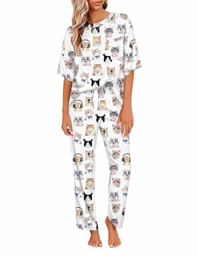 Ekouaer Womens Satin Silky Pajama Set Short Sleeve Shirt with Long Pajama Pant Set Soft PJ Loungewear - Image 1
