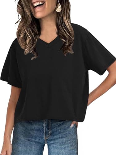 UNCLECAT Women Cropped T Shirts Casual Short Sleeve V Neck Crop Tops 2026 Summer Soft Loose Basic Tee Black - Image 1