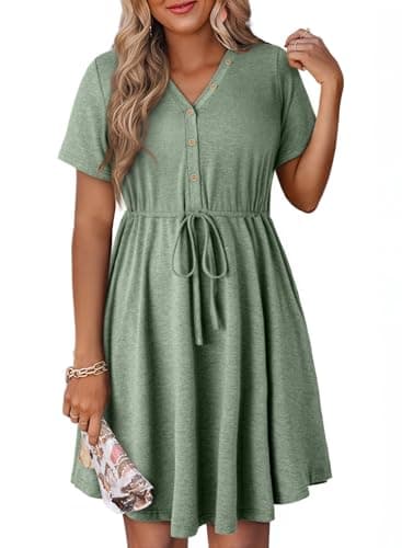 Dokotoo Womens Dresses Spring Summer Outfits Drawstring Waist Cute Babydoll Tunic Dress Casual Short Sleeve Mini Dress Holiday Dress Sundress Shift Dresses Plus Size Smoke Green Dresses for Women S - Image 1