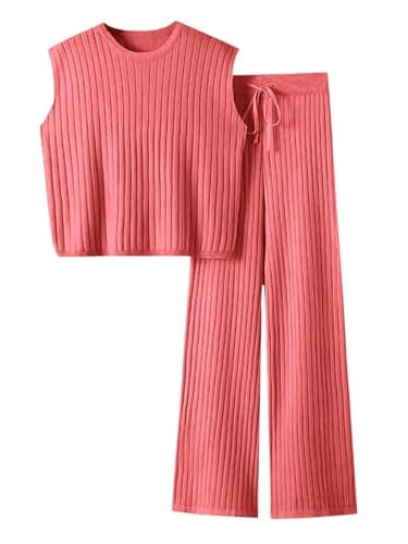 Imily Bela Womens 2 Piece Outfits Sleeveless Ribbed Knit Tops Wide Leg Pants Summer Vacation Sweater Matching Lounge Sets - Image 1