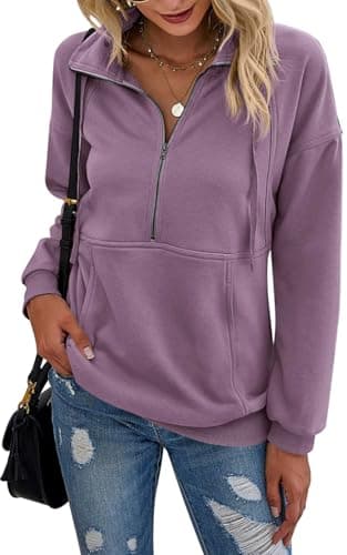 PRETTYGARDEN Women's Casual Long Sleeve Lapel Zipper Sweatshirt Drawstring Loose Pullover Tops (Light Purple, Small) - Image 1