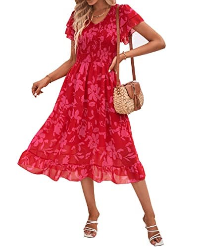 BTFBM Women Casual Summer Short Ruffles Tiered Sleeve Smocked Midi Dresses Bohemian Floral V Neck Wedding Guest Long Dresses - Image 1