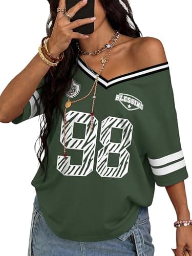 TAKEYAL Football Jersey for Women Oversized Graphic Tees V Neck Tshirts Y2K Black Tops Summer Clothes X-Small Green - Image 1