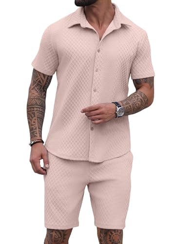 PrinStory Mens 2 Pieces Outfits Short Sleeve Tracksuit Beach Button Down Shirts and Shorts Set with Pockets Pink-L - Image 1