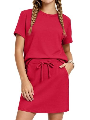 XMWEALTHY Girls Outfit Summer Fashion Clothes Short Sleeve Tops and Skirts with Built-in Shorts and Pockets Sports Set Red 13-14Y - Image 1