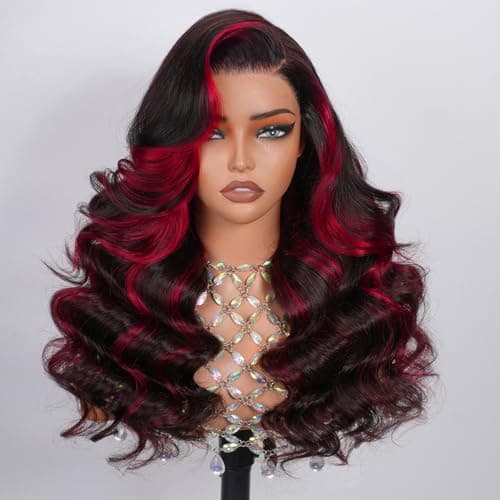 RUOXUAN Red Black Ombre 9x6 Highlight Glueless Lace Front Wig Human Hair Body Wave Red Burgundy Colored Wigs Human Hair 9x6 HD Glueless Lace Frontal Wigs 200 Density Pre Plucked For Women 26 Inch