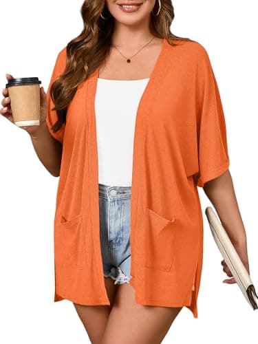 AusLook Plus Size Orange Cardigan for Women 4X Short Sleeve Lightweight Open Front Shrug with Pockets for Dresses and Layering - Image 1