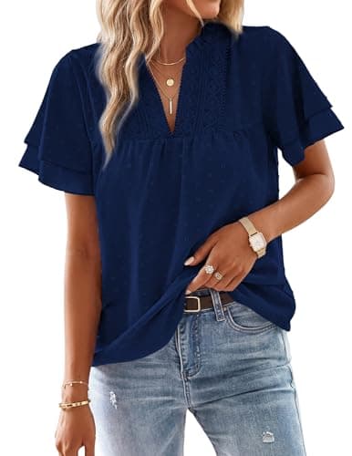Aprolive Women's V Neck Dressy Blouses Butterfly Short Sleeve Tunic Tops Trendy Boho Flowy Swiss Dot Shirts (Navy Blue, XXL) - Image 1