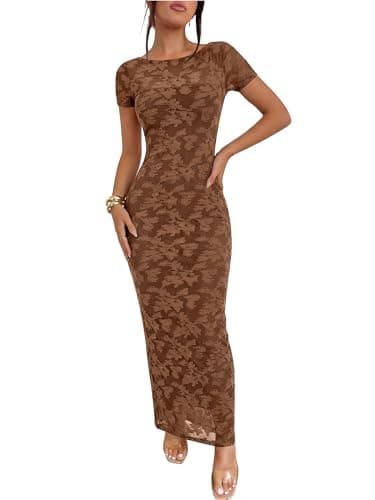 Caracilia Women's Wedding Guest Dress,Double Lined Soft Floral Mesh Maxi Dress,Short Sleeve Bodycon for Formal Cocktail Party Brown Floral X-Small - Image 1