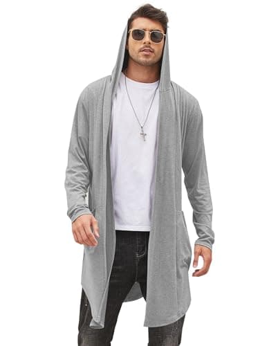 COOFANDY Men Shawl Collar Cardigan Lightweight Long Hooded Drape Cape Cloak Thin Cardigan Light Grey - Image 1