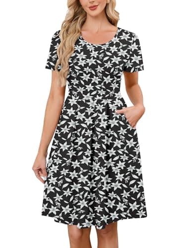 KORSIS Women Summer Dresses Short Sleeve Casual Round Neck A-Line Pleated Dress Beach Casual Vacation Sundress with Pockets (S-2XL) - Image 1
