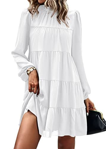 KIRUNDO Long Sleeve Baby Doll Dresses Women 2026 Casual Summer Fall Ruffle Mock Neck Tiered Mini Flowy Swing Shift Dress(White, X-Large) - Image 1