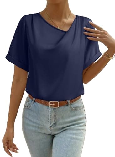 Dokotoo Women's 2026 Fashion Tops Asymmetrical Neck Short Sleeve Business Casual Lightweight T Shirts Work Office Going Out Tops for Women Trendy Fashion Clothing Ladies Clothes Navy Blue - Image 1