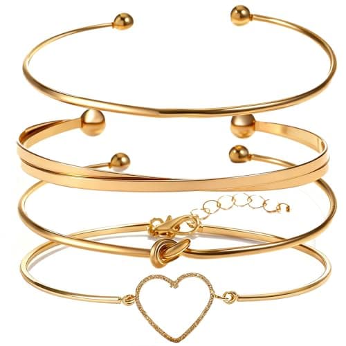 Alegend Bracelets Sets 14K Gold Plated Chic Stackable Bold Bangle Heart-Shaped Unique Four-Layered Design - Image 1