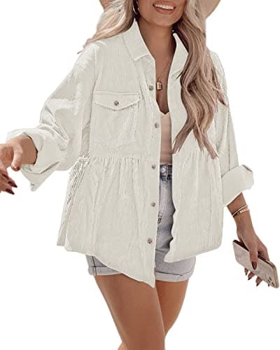 Tutorutor Womens Corduroy Shirts Casual Long Sleeve Button Down Blouses Tunic Babydoll Dress Loose Pocket Jacket Shackets White - Image 1