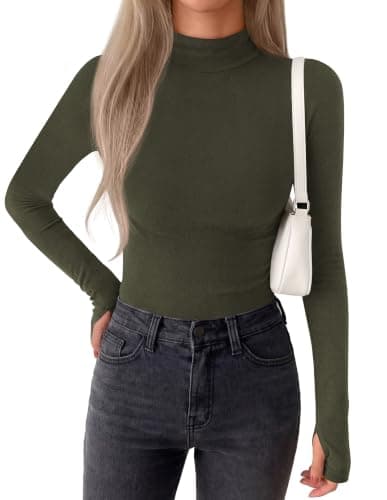 BTFBM Turtleneck Tops for Women Thumbhole Long Sleeve Shirts Army Green - Image 1