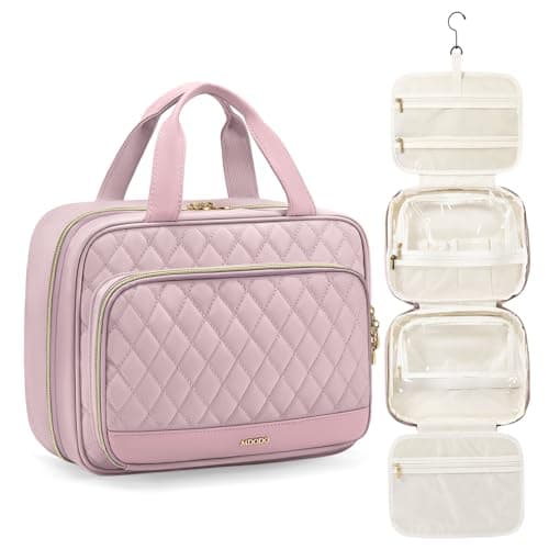 MDODO Travel Toiletry Bag for Women Hanging Cosmetic Organizer with Brush Compartment Makeup Bag for Full Sized Travel Essentials, Pinkish Purple - Image 1