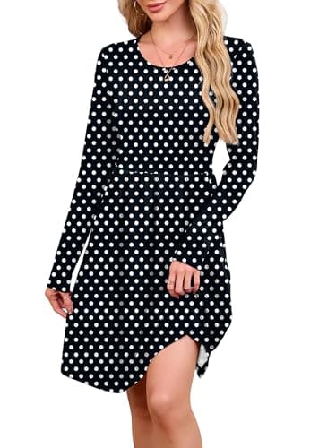 KORSIS Womens Dress Casual Swing T Shift Autumn Winter Long Sleeve Round Neck Tunic Loose Fashion High Waist Floral Dresses with Legging Polka Dot Black Medium - Image 1