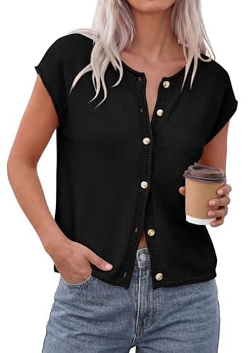 PRETTYGARDEN Sweater Vest Women 2026 Summer Spring Cap Short Sleeve Cardigan Lightweight Button Down Trendy Loose Tops (Black,Small) - Image 1