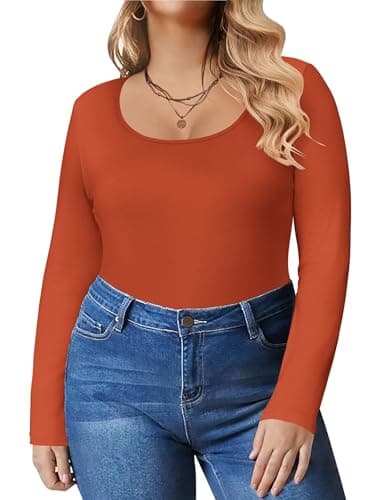 IN'VOLAND Women's Plus Size T Shirt Crew Neck Long Sleeve Slim Fit Base Tee Orange - Image 1